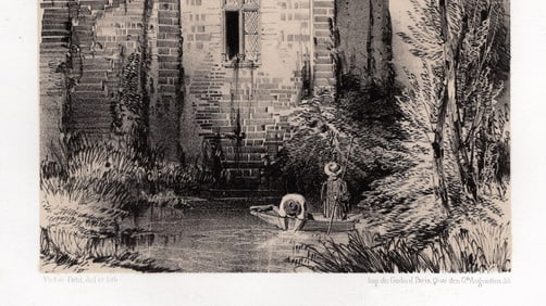 1800s Original Victor PETIT Lithograph Chateau de Maulny FRAMED SIGNED