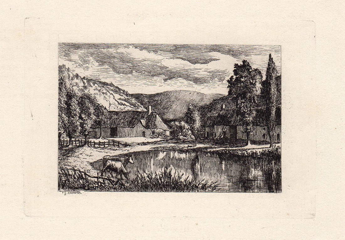 1873 Philip Gilbert Hamerton Rustic Cottages etching signed: Philip Gilbert Hamerton. (English, 1834-1894). "Cottages in a Valley". Etching on thick laid paper. Signed in the plate lower left. Excellent Date: 1873. Image 3 x 4 1/2 inches. Framed dimensions c. 1