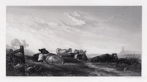 1800s Augustus Wall CALLCOTT SIGNED Engraving Cattle in the Grassland FRAMED