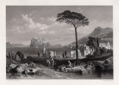 SIGNED 1800s CLARKSON STANFIELD Engraving ISCHIA LANDSCAPE Framed