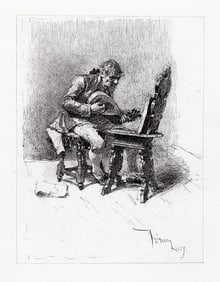 1800s Mariano Fortuny Engraving "The Guitar Player" Signed Framed