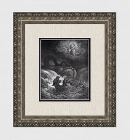 1800s GUSTAVE DORE Biblical Wood Engraving Destruction of the Leviathan SIGNED FRAMED