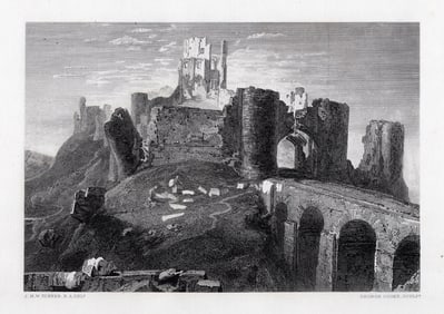 1800s William Turner Engraving Corfe Castle, Dorsetshire Framed Signed COA