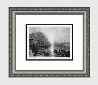 1800s JMW Turner Engraving Classical Italy on the Tiber Framed Signed