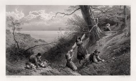 1800s MYLES BIRKET FOSTER Etching Collecting Primroses SIGNED Framed