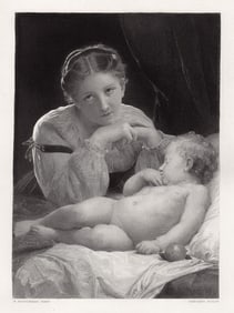 BOUGUEREAU 1800s Engraving "Watch & Ward" Signed GALLERY FRAMED