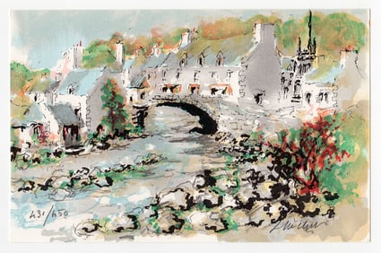 Urbain Huchet The Bridge at Pont Aven lithograph signed