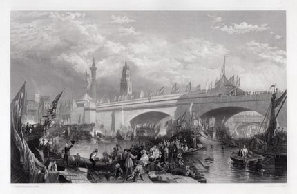 1800s Clarkson STANFIELD SIGNED Engraving View of the London Bridge FRAMED