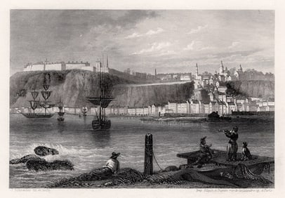 J Schroeder 1850 Original Engraving Quebec on the St Lawrence River SIGNED FRAMED