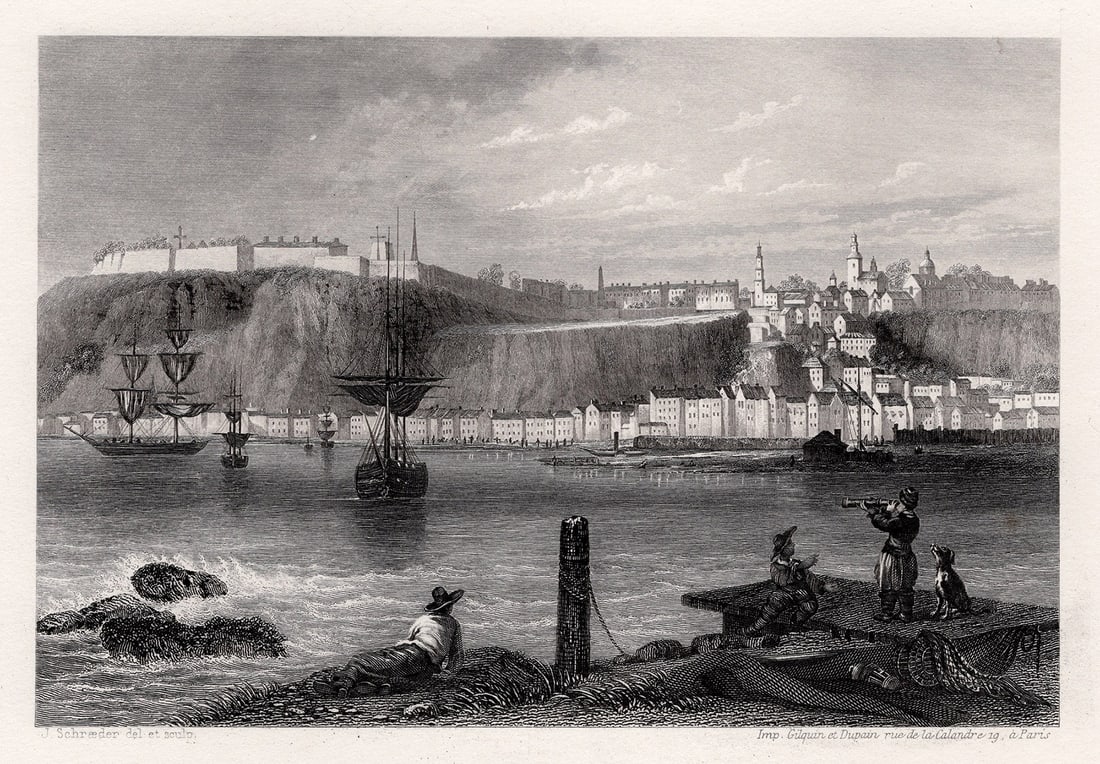 J Schroeder 1850 Original Engraving Quebec on the St Lawrence River SIGNED FRAMED: J Schroeder (19th Century). Quebec, sur le Fleuve St Laurent (Quebec, on the St Lawrence River). Original engraving on wove paper. Signed in the plate. Year: c. 1850. Image Size 4 1/4 x 6 1/8 inches.