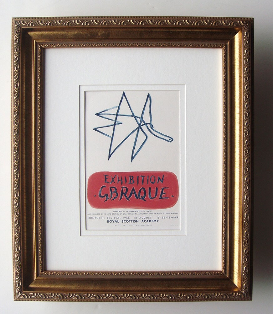 Georges Braque G. Braque Exhibition 1959 lithograph: Georges Braque. (1882-1963). G. Braque Exhibition. Color Lithograph after the Original Poster. 1959. Excellent. Sauret. Atelier Mourlot. Image Size 6 1/2 x 9 1/2 inches. Approximately 15 x 18 inches.