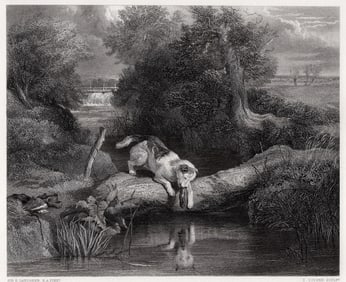 FRAMED 1800s Edwin Henry LANDSEER Engraving The Dog & his Shadow SIGNED