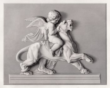 1869 Ernst RIETSCHEL Engraving Cherub Riding Panther