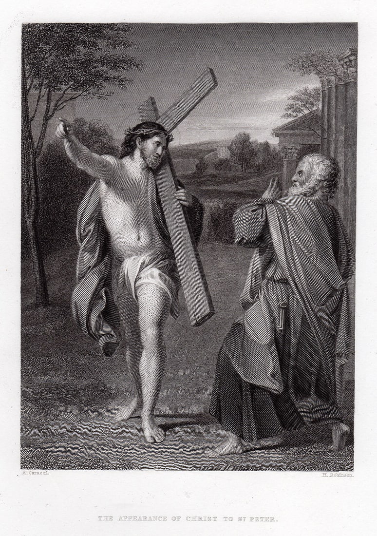 Annibale Carracci The Appearance of Christ to St. Peter engraving signed: Annibale Carracci. (Italian, 1560-1609). The Appearance of Christ to St. Peter. Antique Steel Engraving on Wove Paper after the Original Painting by Master Engraver Henry Robinson (English, 1796-1871)