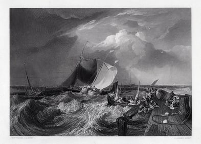 1800s SIGNED JMW TURNER Calais Pier Engraving FRAMED