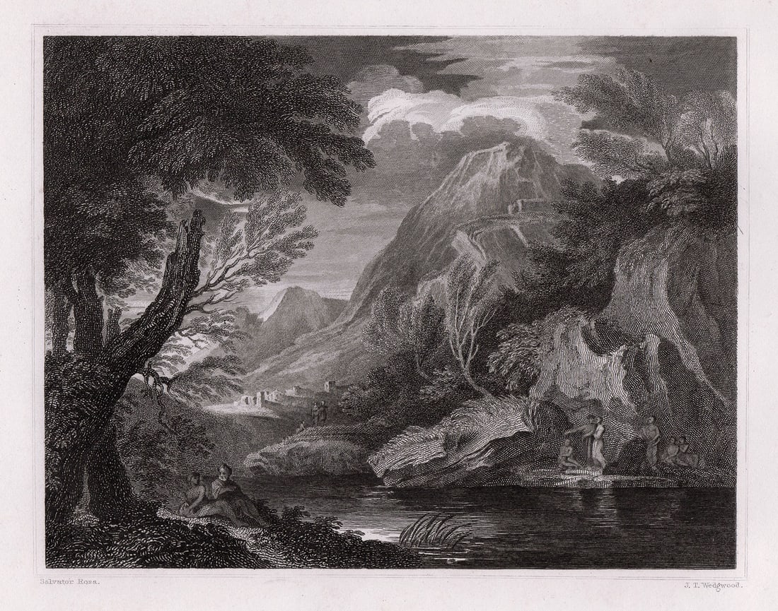1834 Salvator Rosa Landscape engraving signed: Salvator Rosa. (Italian, 1615-1673). Landscape. Antique steel engraving on wove paper after the original by master engraver John Taylor Wedgewood (English, Christened, 1782-1856). 1834. Signed in the