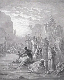 FRAMED 1800s Gustave Dore Biblical Wood Engraving Moses Striking the Rock SIGNED
