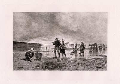 1885 August Hagborg Low Tide in the Channel etching signed