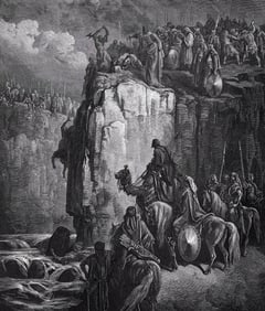 Biblical 1800s Gustave Dore Woodcut Prophets of Baal Slaughtered SIGNED Framed