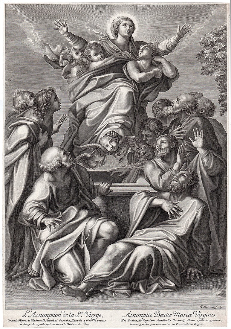 Annibale Carracci Assumption of the Virgin 1673 Engraving: Annibale Carracci (1506 - 1609, Italian). The Assumption of the Virgin. Antique engraving on laid paper after the original by master etcher/engraver Guillaume Chasteau (1635 - 1683). Year: 1673. Signe