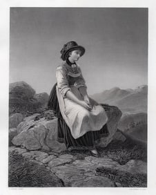 1800s Philipp von Foltz Engraving Seated Tyrolean Woman Framed Signed
