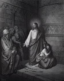 Gustave DORE 1800s Biblical Wood Engraving The Woman Caught in Adultery SIGNED Framed