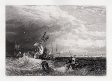 1800s Clarkson STANFIELD SIGNED Engraving Portsmouth Harbour FRAMED