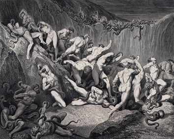 1800s Gustave DORE SIGNED Enferno Woodcut Dreadful Swarm of Serpents FRAMED