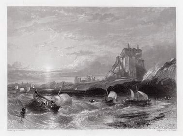 George Balmer 1842 engraving Holy Island Castle signed