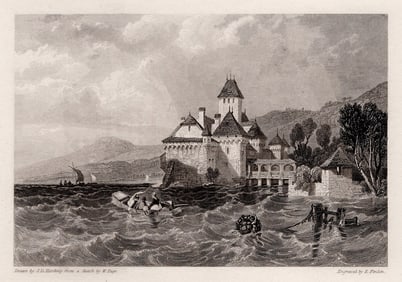J. D. Harding 1800s Engraving Castle of Chillon from the Lake SIGNED FRAMED