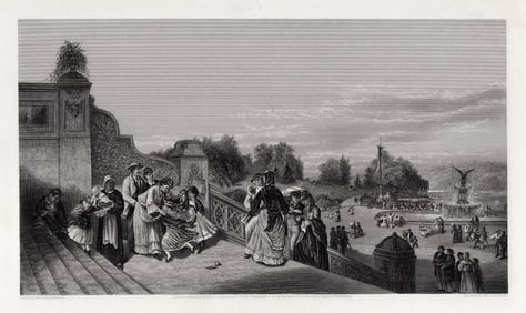 1800s Charles G. Rosenberg Engraving Bethesda Terrace, NY SIGNED FRAMED