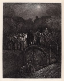 1800s GUSTAVE DORE SIGNED Wood Engraving LONDON NIGHT SCENE Framed