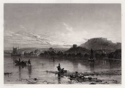 1800s ALFERD CLINT Antique Engraving Sunset, Helliers, Jersey SIGNED Framed