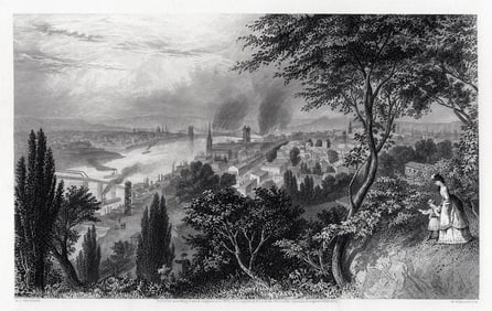 1800s Asa Coolidge Warren Engraving View of Cincinnati Signed Framed