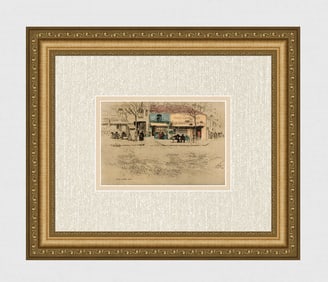 LESTER HORNBY Antique Color Print Cafe Du Rond Point, Geneva SIGNED