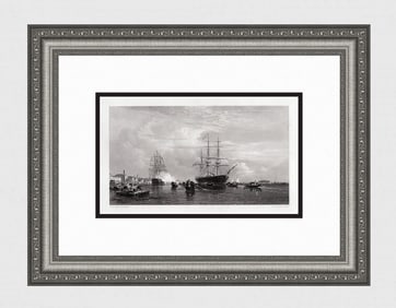 Edward William Cooke 1800s Engraving Harbor Scene & Gondolas Signed Framed
