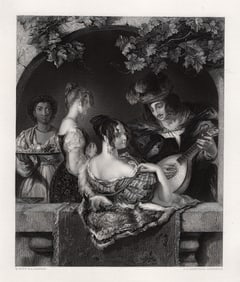 1800s WILLIAM ETTY Engraving Music on the Balcony SIGNED Framed