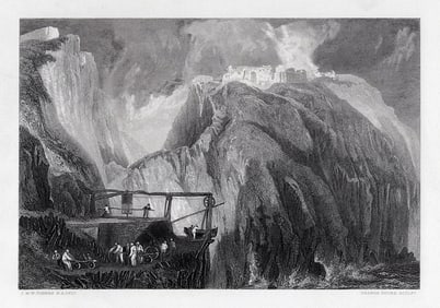 JMW TURNER 1800s Engraving Rocky Coastal Scene with Ship Framed SIGNED