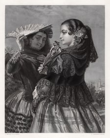 JOHN PHILLIP 1800s Engraving Spanish Sisters holding Fans FRAMED Signed