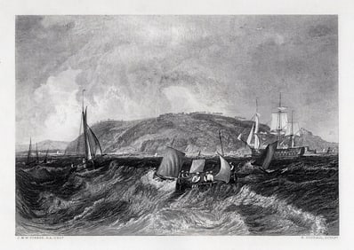 JMW TURNER 1800s Engraving Coastal View with Battleship SIGNED Framed COA