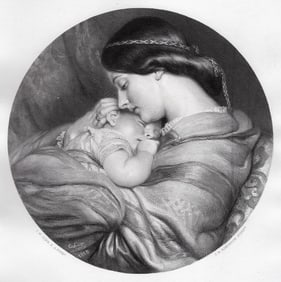 1800s Charles West Cope SIGNED Engraving Mother & Child FRAMED