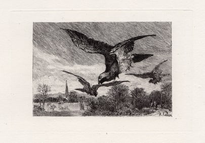 Auguste Andre Lancon Hawks etching signed