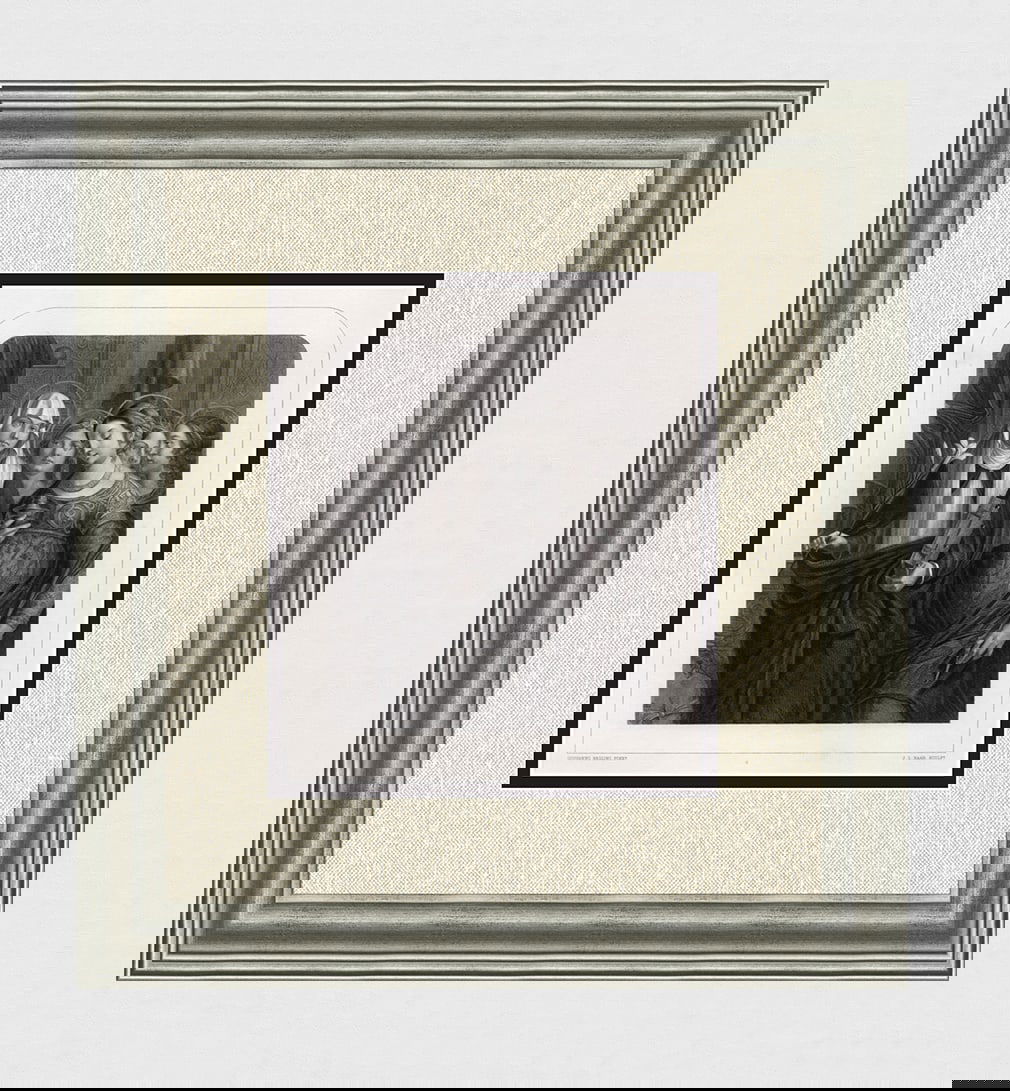 Giovanni Bellini 1800s Engraving St Catherine & St Ursula Signed Framed: Giovanni Bellini (Italian, c. 1430-1516) (1483-1520). Procession of the Virgin. Antique engraving on wove paper after the original by the master engraver Johann Leonhard Raab (German, 1825-1899). Year