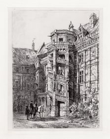 Sir Ernest George 1875 etching Blois. Staircase of Francis I signed