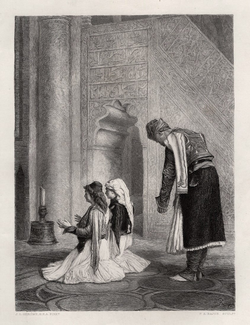 FRAMED 1800s Jean-Leon GEROME Etching Jeunes Grecs a la Mosquee SIGNED: Jean-Leon Gerome (French, 1824 - 1904). Greeks at Prayer (Jeunes Grecs à la mosquée). Antique etching on wove paper after the original by master etcher Paul Rajon (French, 1843-1888). Signed in the