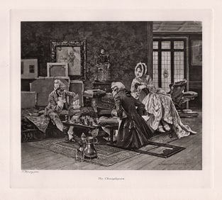 1800s FRANCOIS FLAMENG Antique Print "Chess Players" Framed Signed