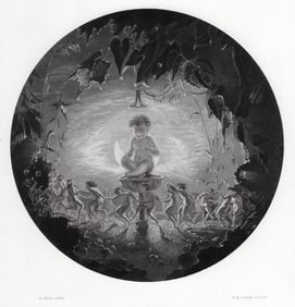 1800s Richard Dadd Engraving "Puck & the Fairies" Framed Signed