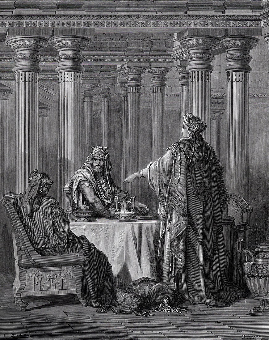 Gustave DORE SIGNED 1800s Religious Woodcut ESTHER ACCUSES HAMAN Framed (1 of 2)