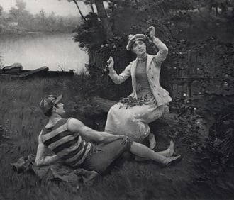 1800s Jules Scalbert Antique Print Romance on the Riverbank FRAMED