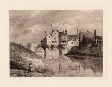 Thomas Hearne 1888 etching Elvet Bridge, Durham signed